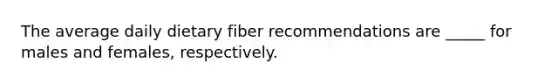 The average daily dietary fiber recommendations are _____ for males and females, respectively.