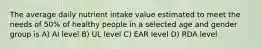 The average daily nutrient intake value estimated to meet the needs of 50% of healthy people in a selected age and gender group is A) AI level B) UL level C) EAR level D) RDA level