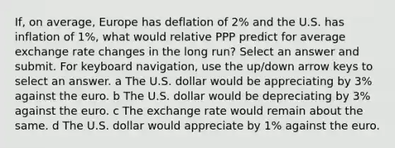 If, on average, Europe has deflation of 2% and the U.S. has inflation of 1%, what would relative PPP predict for average exchange rate changes in the long run? Select an answer and submit. For keyboard navigation, use the up/down arrow keys to select an answer. a The U.S. dollar would be appreciating by 3% against the euro. b The U.S. dollar would be depreciating by 3% against the euro. c The exchange rate would remain about the same. d The U.S. dollar would appreciate by 1% against the euro.