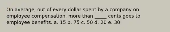 On average, out of every dollar spent by a company on employee compensation, <a href='https://www.questionai.com/knowledge/keWHlEPx42-more-than' class='anchor-knowledge'>more than</a> _____ cents goes to employee benefits. a. 15 b. 75 c. 50 d. 20 e. 30