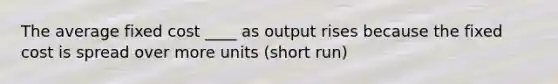 The average fixed cost ____ as output rises because the fixed cost is spread over more units (short run)