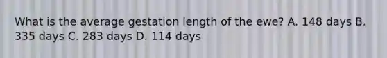 What is the average gestation length of the ewe? A. 148 days B. 335 days C. 283 days D. 114 days