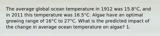 The average global ocean temperature in 1912 was 15.8°C, and in 2011 this temperature was 16.5°C. Algae have an optimal growing range of 16°C to 27°C. What is the predicted impact of the change in average ocean temperature on algae? 1.