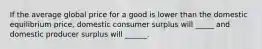 If the average global price for a good is lower than the domestic equilibrium price, domestic consumer surplus will _____ and domestic producer surplus will ______.