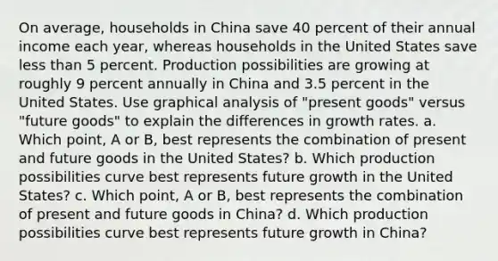 On average, households in China save 40 percent of their annual income each year, whereas households in the United States save less than 5 percent. Production possibilities are growing at roughly 9 percent annually in China and 3.5 percent in the United States. Use graphical analysis of "present goods" versus "future goods" to explain the differences in growth rates. a. Which point, A or B, best represents the combination of present and future goods in the United States? b. Which production possibilities curve best represents future growth in the United States? c. Which point, A or B, best represents the combination of present and future goods in China? d. Which production possibilities curve best represents future growth in China?