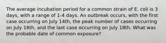 The average incubation period for a common strain of E. coli is 3 days, with a range of 1-4 days. An outbreak occurs, with the first case occurring on July 14th, the peak number of cases occurring on July 16th, and the last case occurring on July 18th. What was the probable date of common exposure?