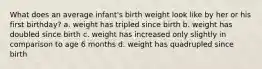 What does an average infant's birth weight look like by her or his first birthday? a. weight has tripled since birth b. weight has doubled since birth c. weight has increased only slightly in comparison to age 6 months d. weight has quadrupled since birth