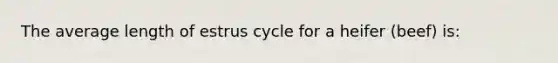 The average length of estrus cycle for a heifer (beef) is: