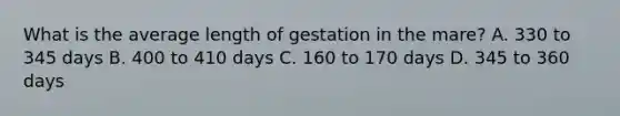 What is the average length of gestation in the mare? A. 330 to 345 days B. 400 to 410 days C. 160 to 170 days D. 345 to 360 days