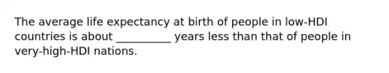 The average life expectancy at birth of people in low-HDI countries is about __________ years less than that of people in very-high-HDI nations.