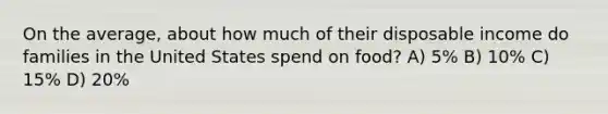 On the average, about how much of their disposable income do families in the United States spend on food? A) 5% B) 10% C) 15% D) 20%