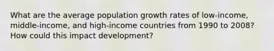 What are the average population growth rates of low-income, middle-income, and high-income countries from 1990 to 2008? How could this impact development?