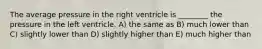 The average pressure in the right ventricle is ________ the pressure in the left ventricle. A) the same as B) much lower than C) slightly lower than D) slightly higher than E) much higher than