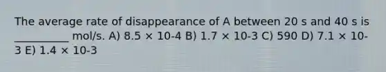 The average rate of disappearance of A between 20 s and 40 s is __________ mol/s. A) 8.5 × 10-4 B) 1.7 × 10-3 C) 590 D) 7.1 × 10-3 E) 1.4 × 10-3