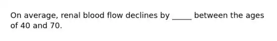 On average, renal blood flow declines by _____ between the ages of 40 and 70.