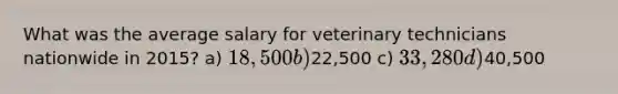 What was the average salary for veterinary technicians nationwide in 2015? a) 18,500 b)22,500 c) 33,280 d)40,500