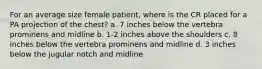 For an average size female patient, where is the CR placed for a PA projection of the chest? a. 7 inches below the vertebra prominens and midline b. 1-2 inches above the shoulders c. 8 inches below the vertebra prominens and midline d. 3 inches below the jugular notch and midline