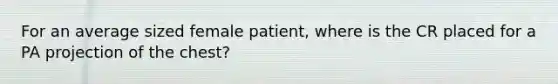 For an average sized female patient, where is the CR placed for a PA projection of the chest?