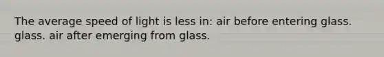 The average speed of light is less in: air before entering glass. glass. air after emerging from glass.