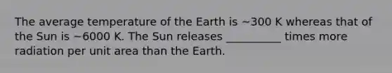 The average temperature of the Earth is ~300 K whereas that of the Sun is ~6000 K. The Sun releases __________ times more radiation per unit area than the Earth.