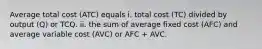 Average total cost ​(ATC​) equals i. total cost ​(TC​) divided by output ​(Q​) or TCQ. ii. the sum of average fixed cost ​(AFC​) and average variable cost ​(AVC​) or AFC​ + AVC.