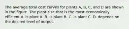 The average total cost curves for plants​ A, B,​ C, and D are shown in the figure. The plant size that is the most economically efficient A. is plant A. B. is plant B. C. is plant C. D. depends on the desired level of output.