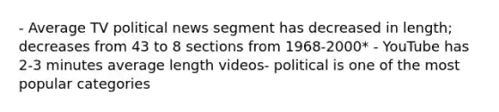 - Average TV political news segment has decreased in length; decreases from 43 to 8 sections from 1968-2000* - YouTube has 2-3 minutes average length videos- political is one of the most popular categories