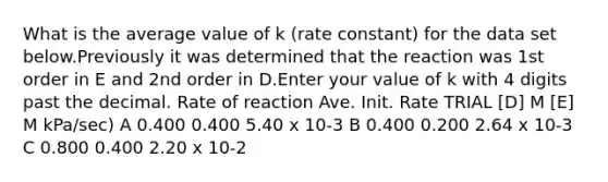 What is the average value of k (rate constant) for the data set below.Previously it was determined that the reaction was 1st order in E and 2nd order in D.Enter your value of k with 4 digits past the decimal. Rate of reaction Ave. Init. Rate TRIAL [D] M [E] M kPa/sec) A 0.400 0.400 5.40 x 10-3 B 0.400 0.200 2.64 x 10-3 C 0.800 0.400 2.20 x 10-2