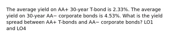 The average yield on AA+ 30-year T-bond is 2.33%. The average yield on 30-year AA− corporate bonds is 4.53%. What is the yield spread between AA+ T-bonds and AA− corporate bonds? LO1 and LO4