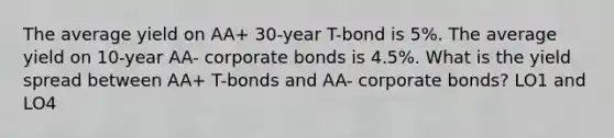 The average yield on AA+ 30-year T-bond is 5%. The average yield on 10-year AA- corporate bonds is 4.5%. What is the yield spread between AA+ T-bonds and AA- corporate bonds? LO1 and LO4