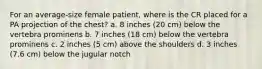 For an average-size female patient, where is the CR placed for a PA projection of the chest? a. 8 inches (20 cm) below the vertebra prominens b. 7 inches (18 cm) below the vertebra prominens c. 2 inches (5 cm) above the shoulders d. 3 inches (7.6 cm) below the jugular notch