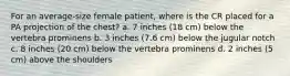 For an average-size female patient, where is the CR placed for a PA projection of the chest? a. 7 inches (18 cm) below the vertebra prominens b. 3 inches (7.6 cm) below the jugular notch c. 8 inches (20 cm) below the vertebra prominens d. 2 inches (5 cm) above the shoulders