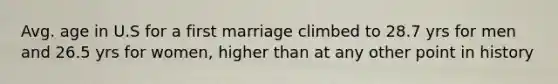 Avg. age in U.S for a first marriage climbed to 28.7 yrs for men and 26.5 yrs for women, higher than at any other point in history