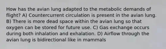 How has the avian lung adapted to the metabolic demands of flight? A) Countercurrent circulation is present in the avian lung. B) There is more dead space within the avian lung so that oxygen can be stored for future use. C) Gas exchange occurs during both inhalation and exhalation. D) Airflow through the avian lung is bidirectional like in mammals