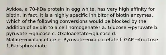 Avidoa, a 70-kDa protein in egg white, has very high affinity for biotin. In fact, it is a highly specific inhibitor of biotin enzymes. Which of the following conversions would be blocked by the addition of avidin to a cell homogenate? a. Glucose →pyruvate b. pyruvate →glucose c. Oxaloacetate→glucose d. Malate→oxaloacetate e. Pyruvate→oxaloacetate f. GAP →fructose 1,6-bisphosphate