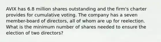 AVIX has 6.8 million shares outstanding and the firm's charter provides for cumulative voting. The company has a seven member-board of directors, all of whom are up for reelection. What is the minimum number of shares needed to ensure the election of two directors?