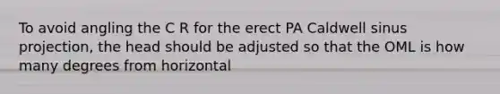 To avoid angling the C R for the erect PA Caldwell sinus projection, the head should be adjusted so that the OML is how many degrees from horizontal