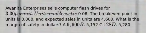 Awanita Enterprises sells computer flash drives for 3.30 per unit. Unit variable cost is 0.08. The breakeven point in units is 3,000​, and expected sales in units are 4,600. What is the margin of safety in​ dollars? A.9,900 B. 5,152 C.128 D. 5,280