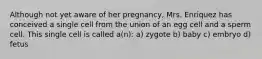 Although not yet aware of her pregnancy, Mrs. Enriquez has conceived a single cell from the union of an egg cell and a sperm cell. This single cell is called a(n): a) zygote b) baby c) embryo d) fetus