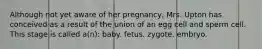 Although not yet aware of her pregnancy, Mrs. Upton has conceived as a result of the union of an egg cell and sperm cell. This stage is called a(n): baby. fetus. zygote. embryo.