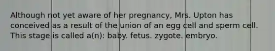 Although not yet aware of her pregnancy, Mrs. Upton has conceived as a result of the union of an egg cell and sperm cell. This stage is called a(n): baby. fetus. zygote. embryo.