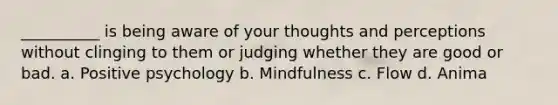 __________ is being aware of your thoughts and perceptions without clinging to them or judging whether they are good or bad. a. Positive psychology b. Mindfulness c. Flow d. Anima