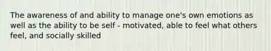 The awareness of and ability to manage one's own emotions as well as the ability to be self - motivated, able to feel what others feel, and socially skilled