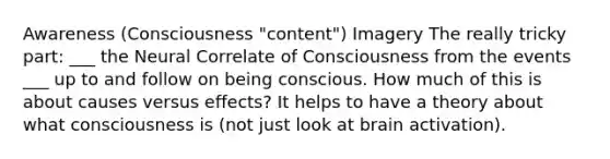 Awareness (Consciousness "content") Imagery The really tricky part: ___ the Neural Correlate of Consciousness from the events ___ up to and follow on being conscious. How much of this is about causes versus effects? It helps to have a theory about what consciousness is (not just look at brain activation).