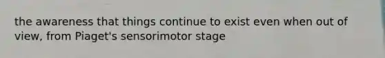 the awareness that things continue to exist even when out of view, from Piaget's sensorimotor stage