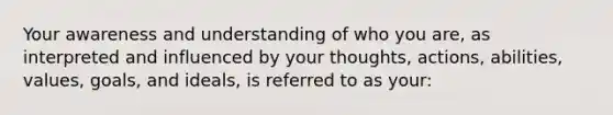 Your awareness and understanding of who you are, as interpreted and influenced by your thoughts, actions, abilities, values, goals, and ideals, is referred to as your: