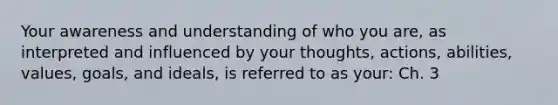 Your awareness and understanding of who you are, as interpreted and influenced by your thoughts, actions, abilities, values, goals, and ideals, is referred to as your: Ch. 3