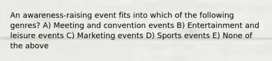 An awareness-raising event fits into which of the following genres? A) Meeting and convention events B) Entertainment and leisure events C) Marketing events D) Sports events E) None of the above