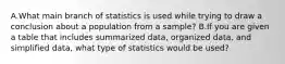 A.What main branch of statistics is used while trying to draw a conclusion about a population from a sample? B.If you are given a table that includes summarized data, organized data, and simplified data, what type of statistics would be used?