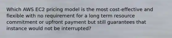 Which AWS EC2 pricing model is the most cost-effective and flexible with no requirement for a long term resource commitment or upfront payment but still guarantees that instance would not be interrupted?